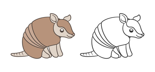 Armadillo sitting and smiling cartoon outline vector illustration simple version. Cute animal character design, coloring book page activity for kids.