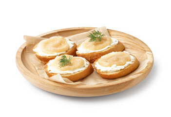 Board of delicious canapes with caviar of capelin isolated on white background