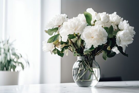 White flowers in a vase on a white background in a room. current interior decoration. Generative AI