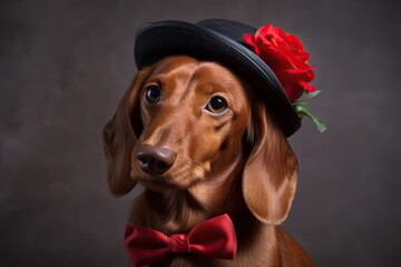 Red dachshund wearing a tie and carrying flowers. Generative AI