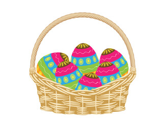 Easter colorful eggs in basket on white background. Vector illustration.