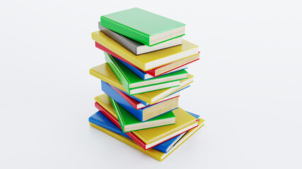 Stack of books in colour covers isolated on white background, 3D render
