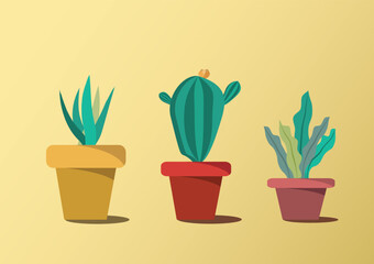 Vector set of cactuses in flower pot. Cartoon cacti and aloe.