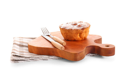 Board with delicious meat pie and cutlery isolated on white background