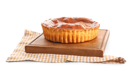 Board with delicious meat pie isolated on white background