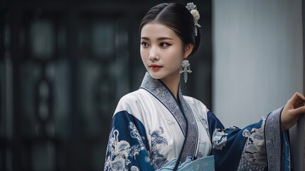 Fototapeta premium Chinese woman wearing Hanfu, Generative AI