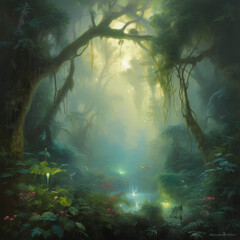 scene with rays of light, misty forest in the morning, forest in the fog, fantasy forest, fantasy scene, background