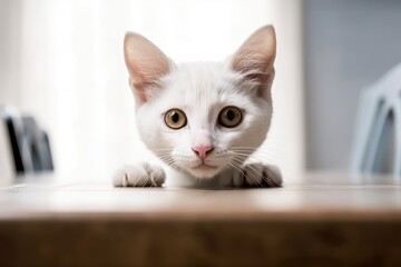 From behind a white table, a young cat peers out with its gaze fixed on the camera. Particularly the ears, the cat's muzzle gleams on the table's polished surface. Generative AI