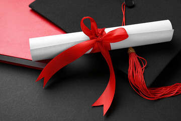 Diploma with red ribbon, graduation hat and book on black background
