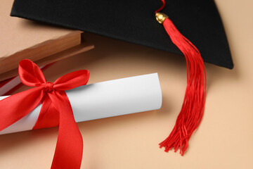 Diploma with red ribbon, graduation hat and books on beige background