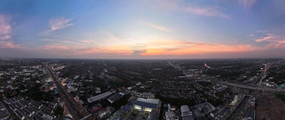 aerial view cityscape concept or abstract of Panoramic view of advanced innovation, Majestic sunset or sunrise landscape of City scape and Business District, financial technology, energy power	
