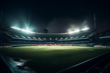 Beautiful aerial view of modern cricket stadium. Generative AI - obrazy, fototapety, plakaty