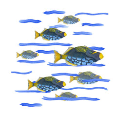 Watercolor illustration of a colored cartoon fishes isolated on transparent background. For print, poster, banner, background, souvenirs, decor, wallpaper, fabric, textile, wrapping.