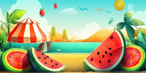 Colorful Summer time background with tropical fruits. generative AI
