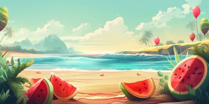 Colorful Summer time background with tropical fruits. generative AI