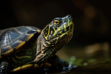 Fototapeta na wymiar Superb macro shot of a yellow bellied slider, a land and water turtle of the Emydidae family with a green backdrop. Generative AI
