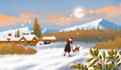 Girls and Alaska dogs in winter.Very warm painting.