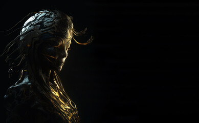 Dark and Evil Female Warrior in Black Background, Mystical Alien Women Warrior Photo | Fantasy Sci-Fi Art, Generative AI