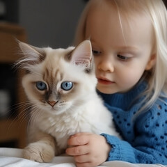 A blond blue eyes toddler is curious about kitten, fluffy munchkin cat playing with a little blonde girl with blue eyes, generative ai