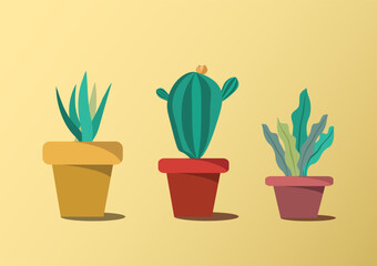 Fototapeta premium Vector set of cactuses in flower pot. Cartoon cacti and aloe.