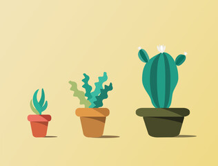 Vector set of cactuses in flower pot. Cartoon cacti and aloe.