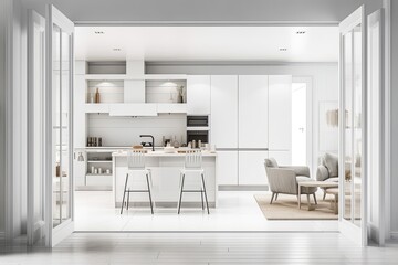 White interior design, architect designer concept, blurred background, white folding door opening into minimalist classic kitchen with island and chairs, sofa and carpet, marble floor. Generative AI