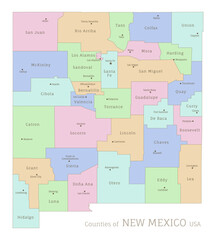 Counties of New Mexico administrative map of USA federal state. Highly detailed color map of New Mexico region with territory borders and counties names labeled realistic vector illustration