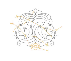Gemini astrological symbol with Zodiac constellation, connected stars. Twins astrology horoscope sign and stars on white background thin line vector illustration