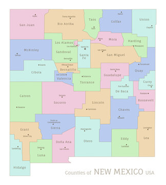 Counties of New Mexico administrative map of USA federal state. Highly detailed color map of New Mexico region with territory borders and counties names labeled realistic vector illustration