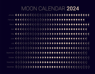 Moon phase cycle 2024 year astrological calendar design template. Lunar monthly cycle planner banner, poster template, moon schedule calendar at night sky background vector illustration