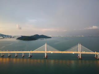 Drone shot of lighting at the Penang Second Bridge during blue hour