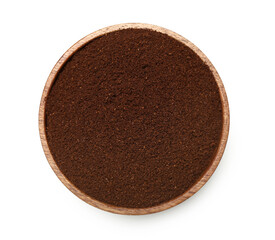 Bowl of coffee powder isolated on white background
