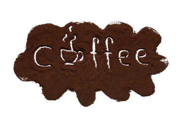 Creative composition with powder and word COFFEE isolated on white background