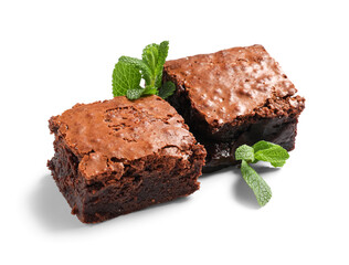 Pieces of tasty chocolate brownie isolated on white background