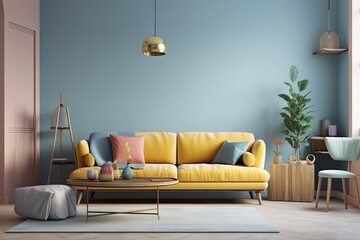 a blue living room with a yellow modern sofa. minimalist design idea style of pastel colors. Generative AI