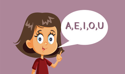 Little Girl Pronounces the Vowels Vector Cartoon Illustration. Cheerful schoolgirl speaking enumerating sounds 
