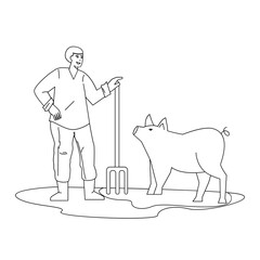 Farmer And Pig Spring 2D Outline Illustrations