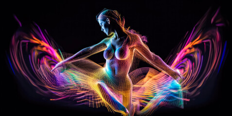 AI-powered holographic dancer in the metaverse, performing on a virtual stage, mesmerizing light patterns, a kaleidoscope of colors, fluid movement, emotion and energy (generative AI)