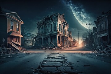 City street with buildings and ruins after earthquake. Ai. Destroyed abandoned town landscape - obrazy, fototapety, plakaty