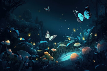 Fototapeta na wymiar Fantasy garden at night with flying butterflies, generative AI