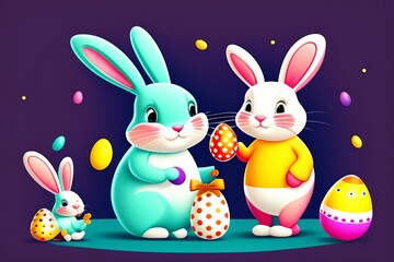 Generative Ai, cute easter bunnies with easter eggs