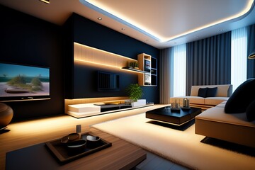 Generative Ai, a representation of a modern, technological living room with a futuristic fee