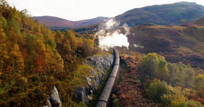 Jacobite Express rear tracking shot through the West Highlands of Scotland