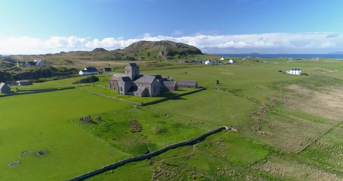 Aerial pan shot of Iona Abby, Scotland