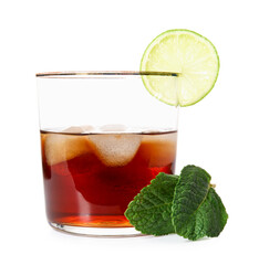 Glass of cold rum with lime and mint on white background