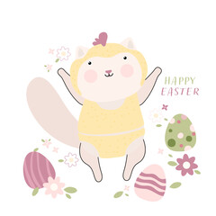 Spring Time Cute Cat. Easter Greetings Design for Web, Mobile, Card, Sticker, T-Shirt, Textile Shopper Bag and Other Garment.