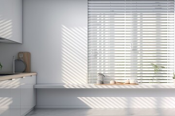 An example of a room's wall and window showing blinds and shadow. mock up of a kitchen or bathroom for a product presentation. Generative AI