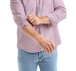 Mature man rolling up his sleeve on white background, closeup