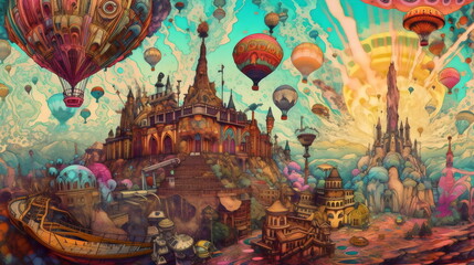 psychedelic illustrated fantasy landscape with castle and hot air balloons, made with generative ai