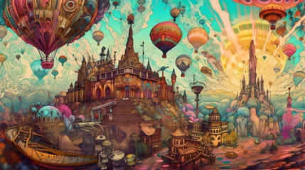 Foto op Canvas psychedelic illustrated fantasy landscape with castle and hot air balloons, made with generative ai © Ricky